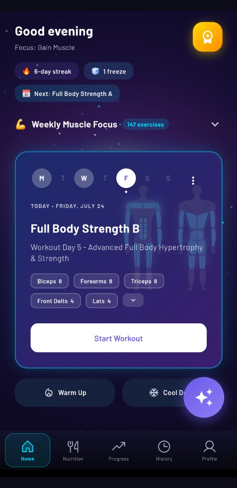 Your PT app showing an AI-powered workout plan with progress tracking