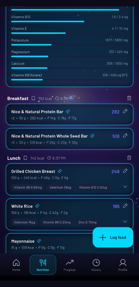 Smart meal logging screen showing breakfast and lunch items with macro breakdowns