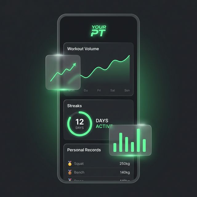 Progress tracking screen showing volume and PR analytics